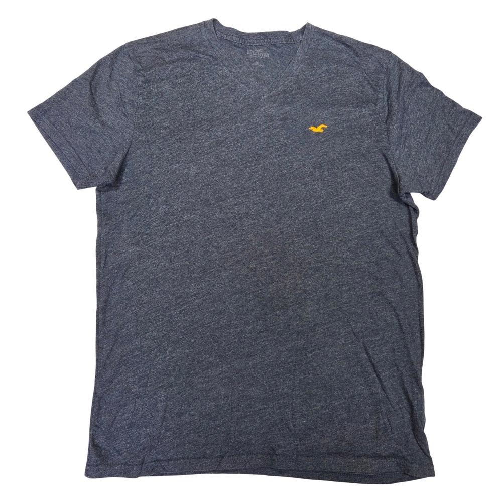 Hollister Mens V-Neck T-Shirt Navy Heather Orange Seagull Logo Size L Tee